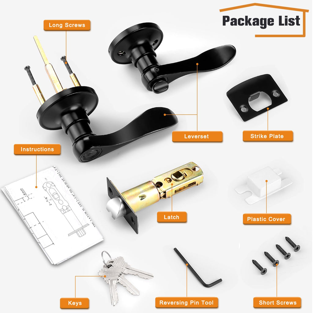Matte Black Entry Lever, Stainless Steel Wave Style Entrance Handle Exterior Interior Keyed Lock Set for Front or