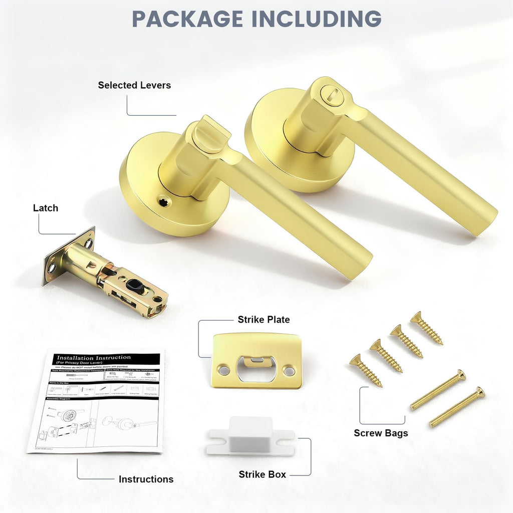 2 Pack Gold Interior Door Handle with Lock,Privacy Door Lever ,Keyless Round Door Lock Interior for Left and Right