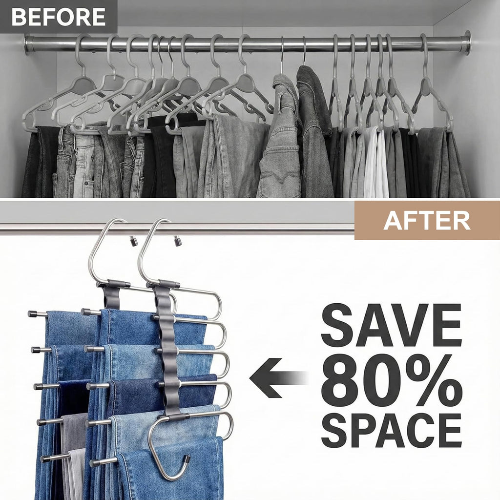 Pants Hangers Space Saving, 5 Tier Jeans Hanger for Closet, Black Multiple Heavy Duty Stainless Steel Pant Rack for