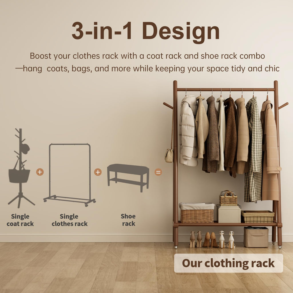 Solid Wood Clothing Rack On Wheels for Hanging Clothes, Walnut