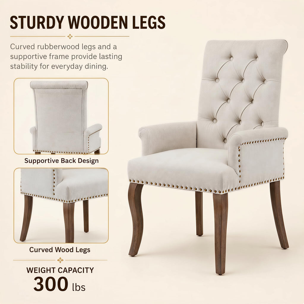 Upholstered Chenille Fabric Dining Chairs with Arms Set of 4, Tufted High Back Dining Room Chairs with Curved