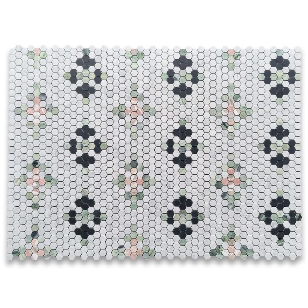 Carrara White Marble 1 inch Hexagon Starlight Mosaic Tile w/Norwegian Rose Pink Honed Kitchen Bath Wall Floor
