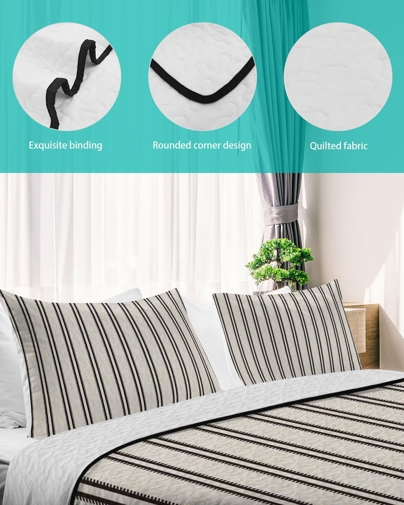 Ticking Stripes Quilt Set 3 Pieces Quilted Bedspread- Soft, Vertical Lines Lightweight Quilt with 2 Pillow