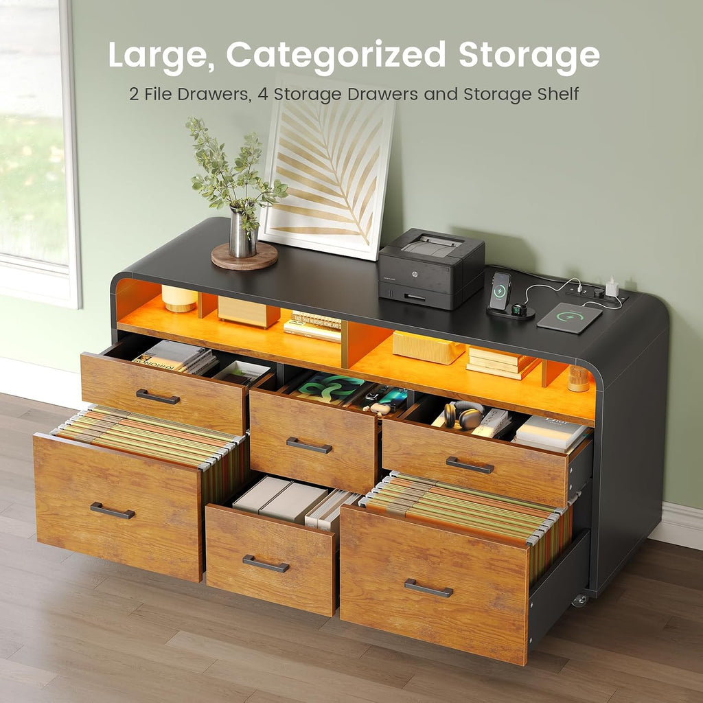 6 Drawers File Cabinet with Power Strip fits Legal/Letter/A4 Size | 47" Wood Mobile Lateral Filing Cabinet , Printer