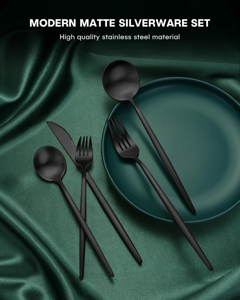 60-Piece Silverware Set for 12, Stainless Steel Flatware Set Matte Black Grey, Modern Brushed Thick Cutlery Set with