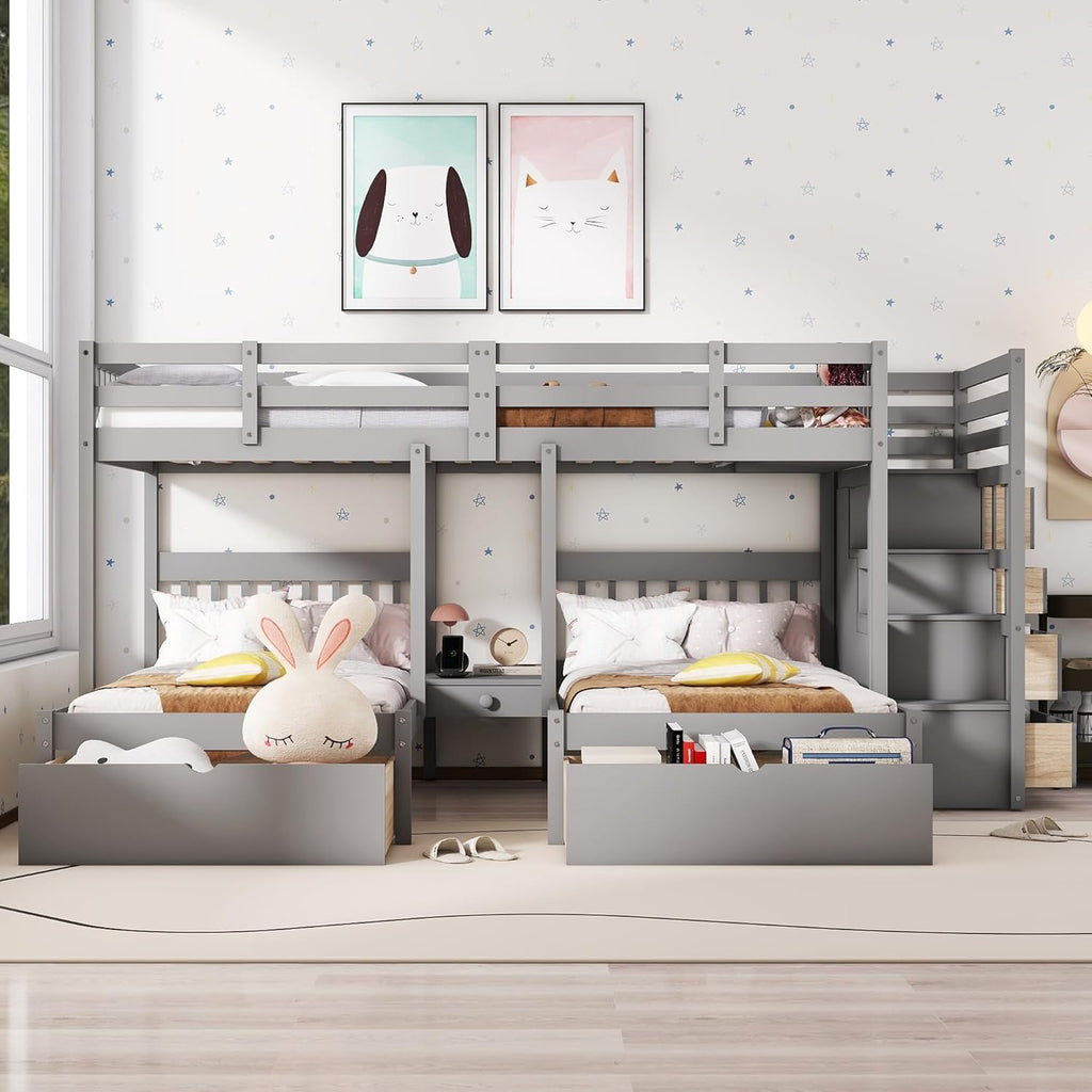 L Shaped Bunk Bed Full Over Twin Over Twin for 3, Triple Bunk Beds Frame with Storage Drawers and Staircase