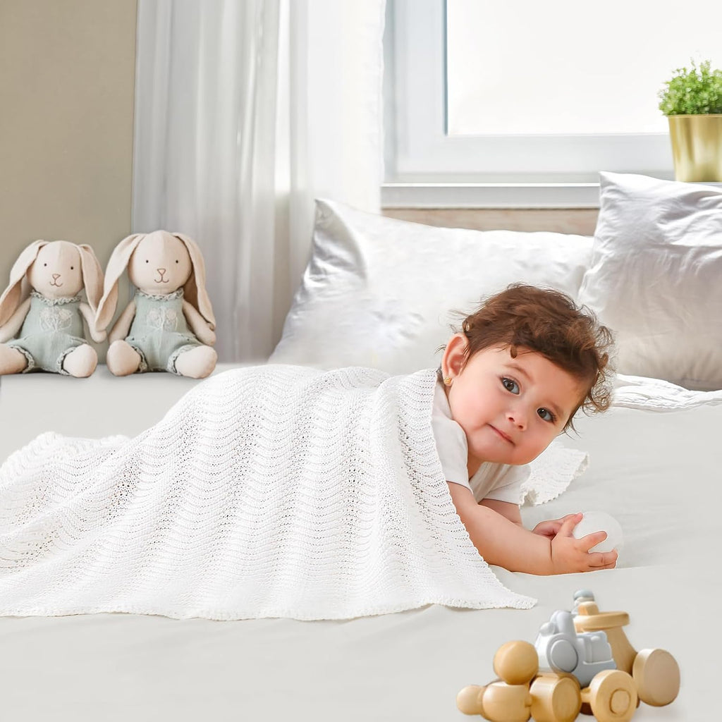 Soft Cotton Knitted Neutral Baby Blanket, 31"x40" White