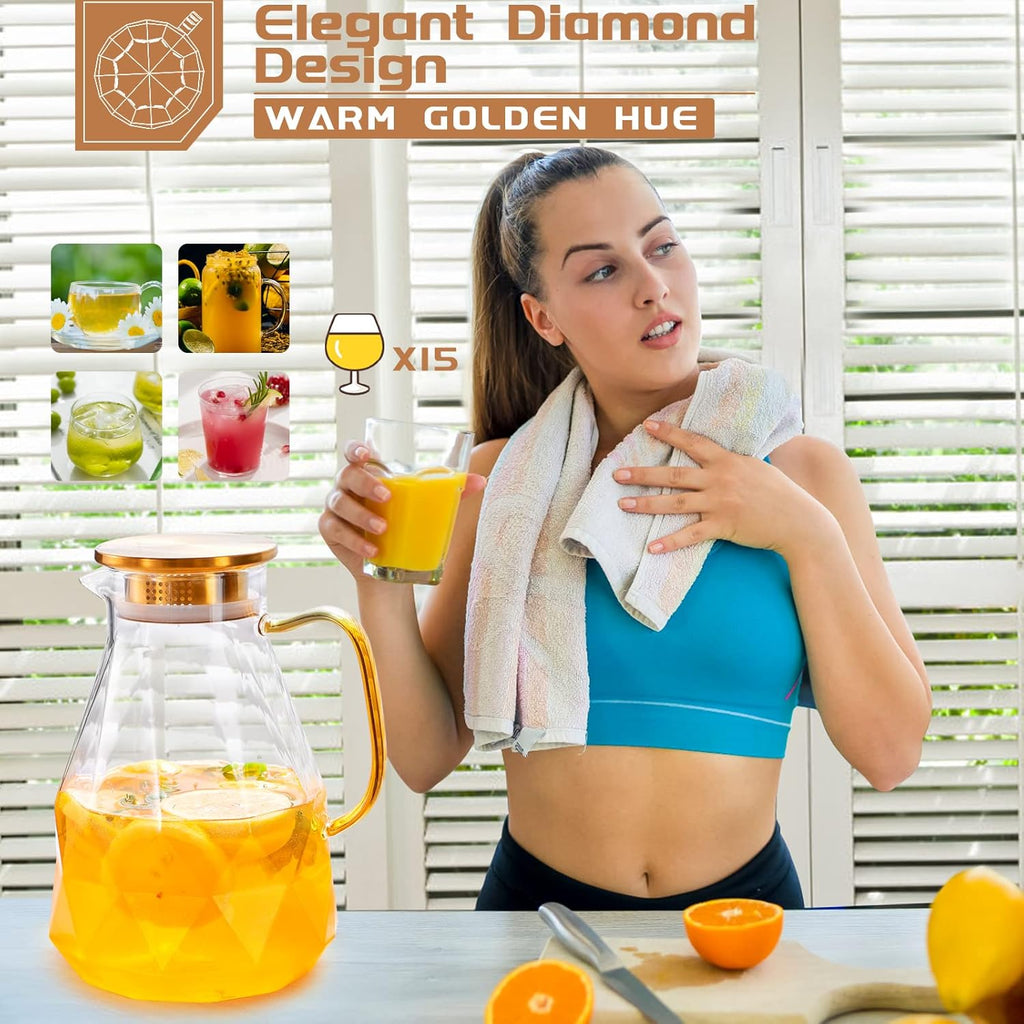 Glass Pitcher, 2.2 Liter Water Pitcher With Lid,Iced Tea Pitcher for Fridge,Carafe With Lid, Glass Water Jug For