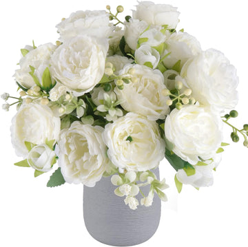 Bundles Artificial Peonies Silk Flowers, White Faux Peony Bouquet Florals Arrangements Decor for Farmhouse Home - Set of 4