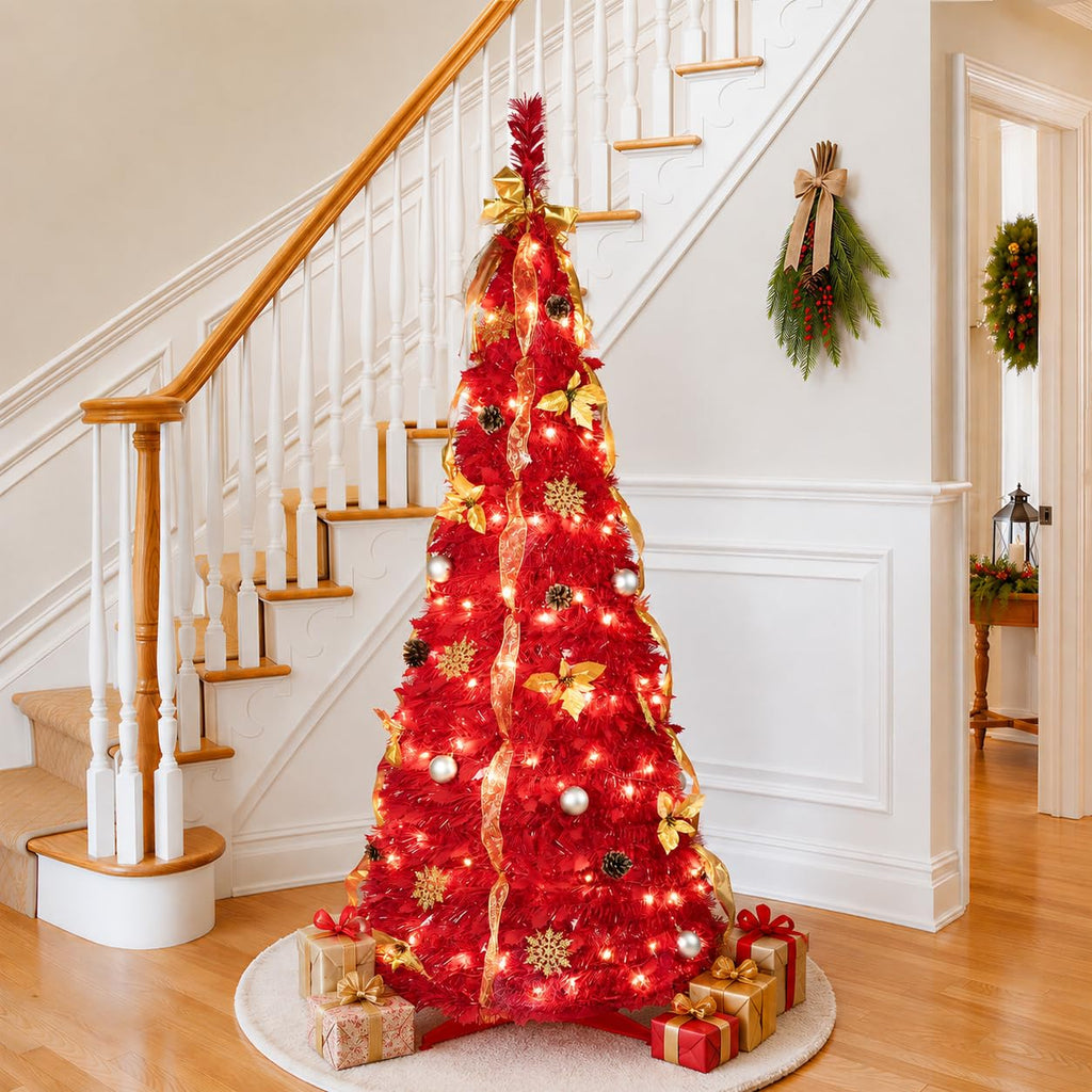 6ft Pop Up Artificial with Lights, Decorated Prelit Collapsible with 150 Warm White Lights, Pull Up Xmas Trees for