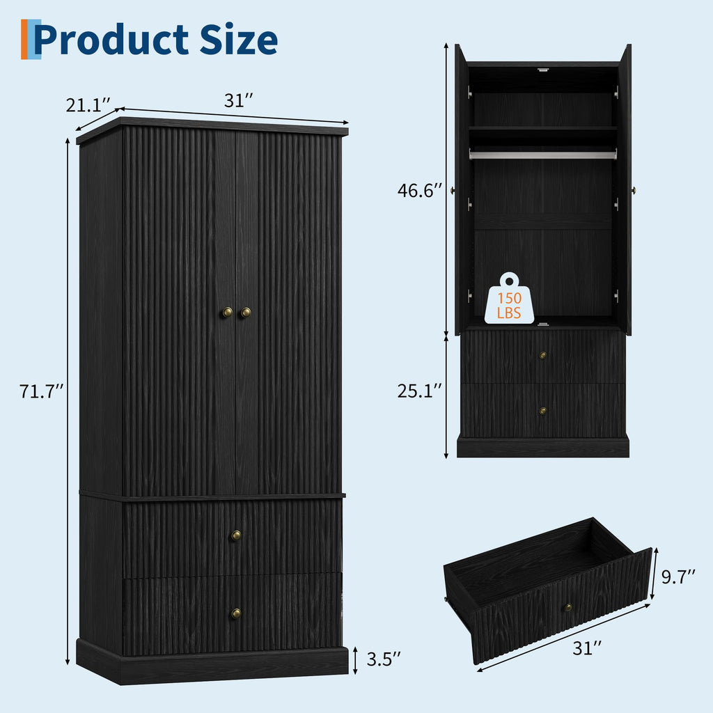 72" Tall Wood Armoire Wardrobe Closet, Fluted, 2 Drawers, Black
