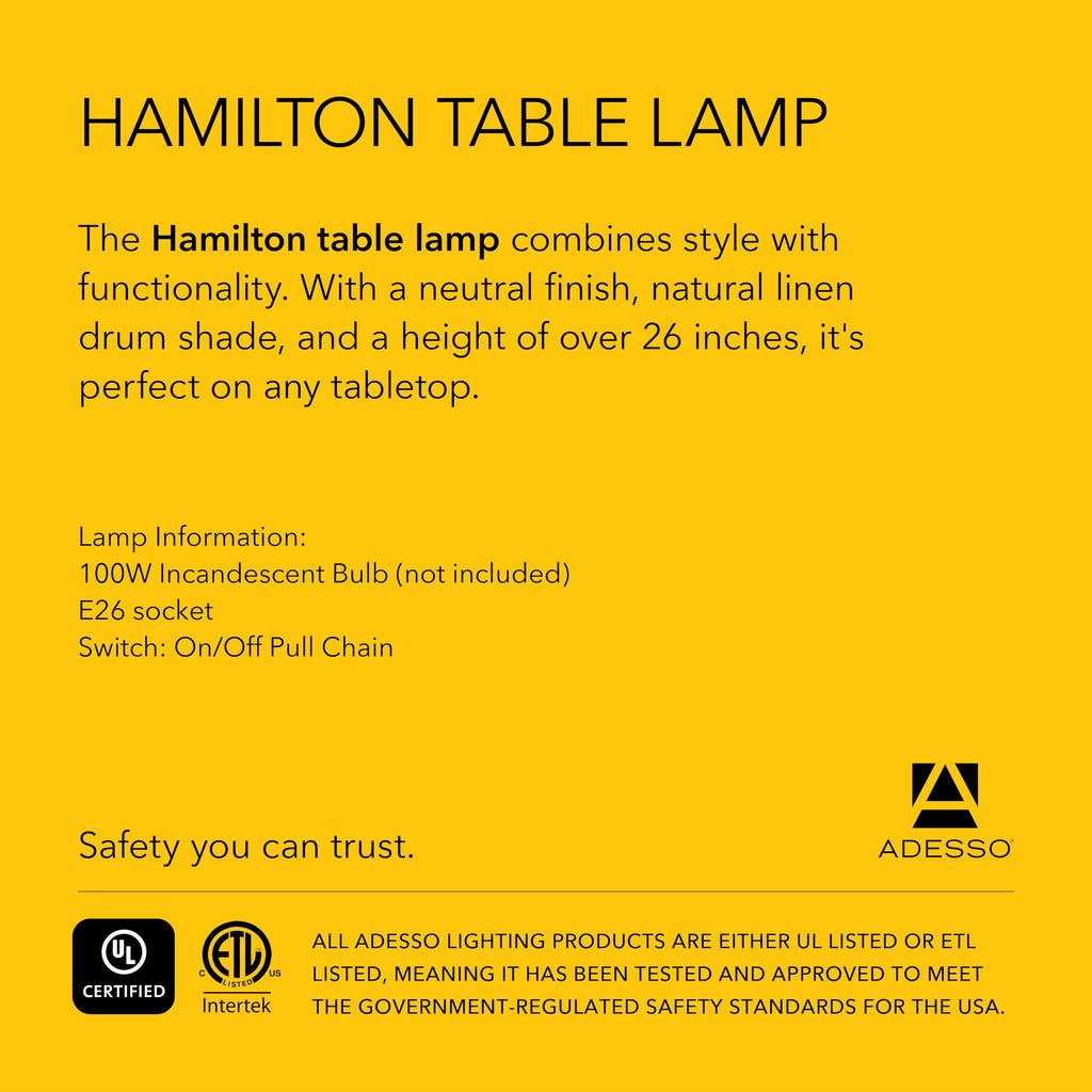 3376-15 Hamilton Table Lamp, 26.25 in, 100W Incandescent/26W CFL, Walnut Eucalyptus Wood/Antique Brass, 1 Modern