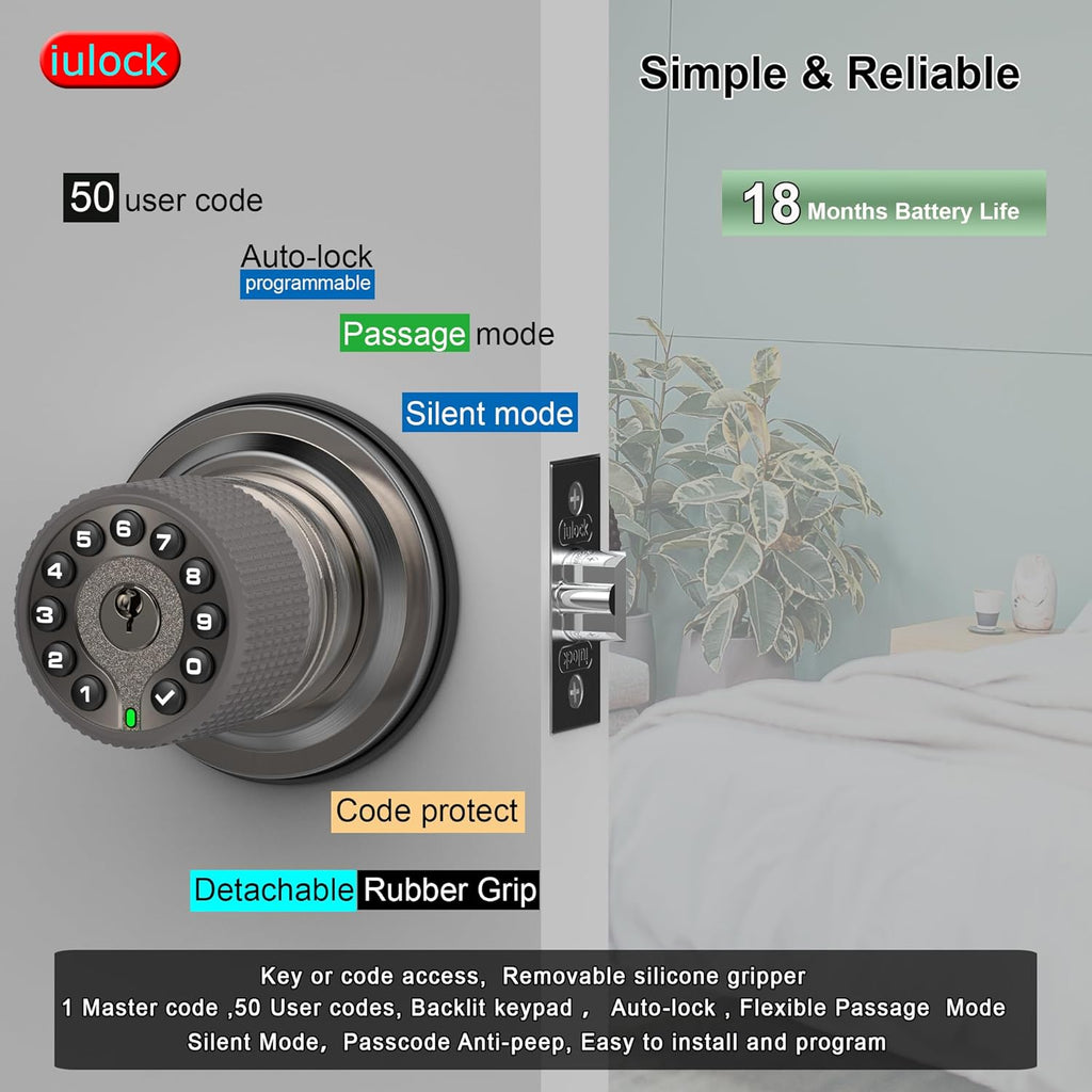 Smart Door Knob with Keypad and Key,Keyless Entry Door Lock with Rubber Grip, Auto Lock,50 User Code,Waterproof, Easy