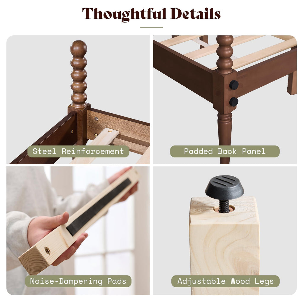 Solid Wood Bed Frame, Spindle Headboard, Dark Walnut