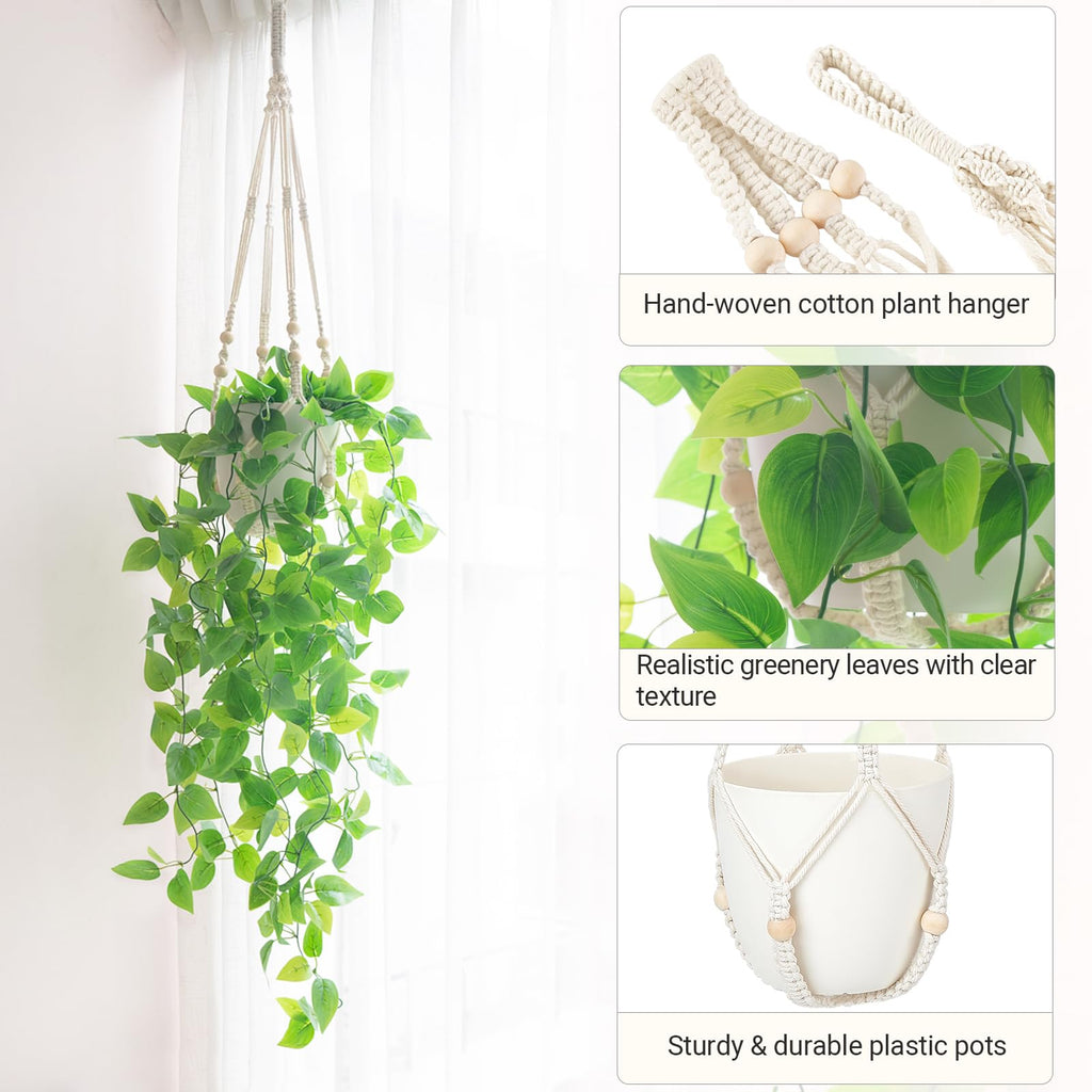 Fake Hanging Plant with Lights, Artificial Plants Decor Indoor Macrame Plant Hanger with Fake Vines, Batteries NOT