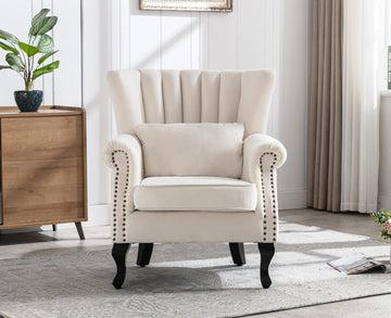 Cream Accent Chair Velvet Wingback Chair with Pillow Nail-Head Channel Tufted Oversized Club Chair Bedroom Guest Room