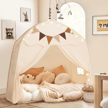 Large Kids Play Tent with Star Lights & Flags, Portable & Foldable Teepee Tents, Dome Tent Playhouse for Indoor &