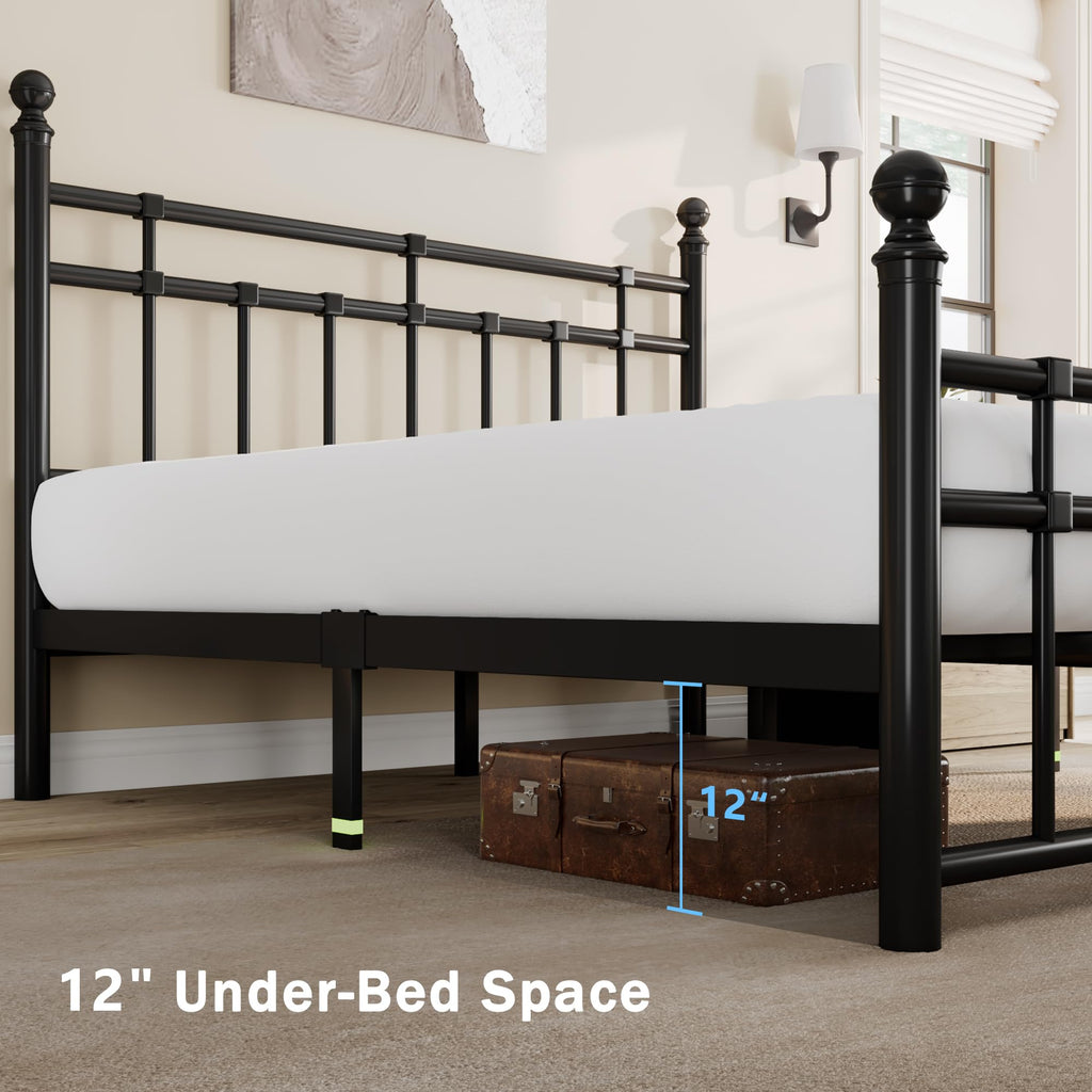 Full Size Metal Bed Frame, Platform Bed with Classic Wrought Iron-Art Headboard and Footboard, 12" Underbed Space, No