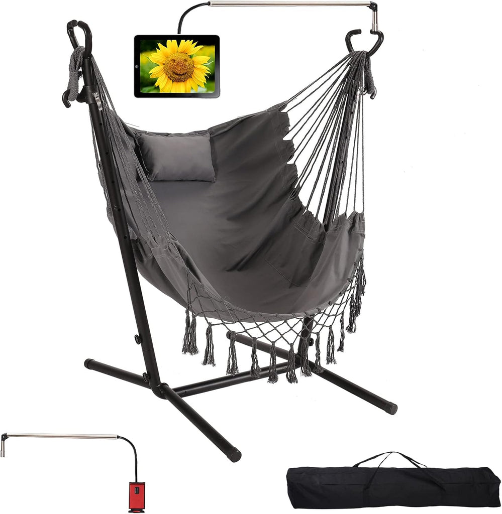 With Stand Phone Holder Included Double Hanging Chair Macrame Boho Handmade Adjustable Swing Indoor Outdoor Patio