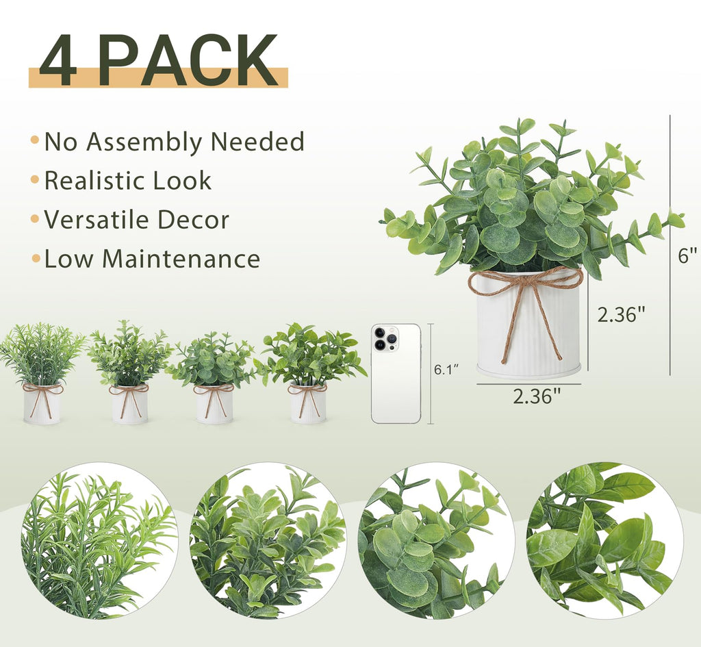 4 Packs Small Fake Plants in Galvanized Pots Rustic Farmhouse Decor