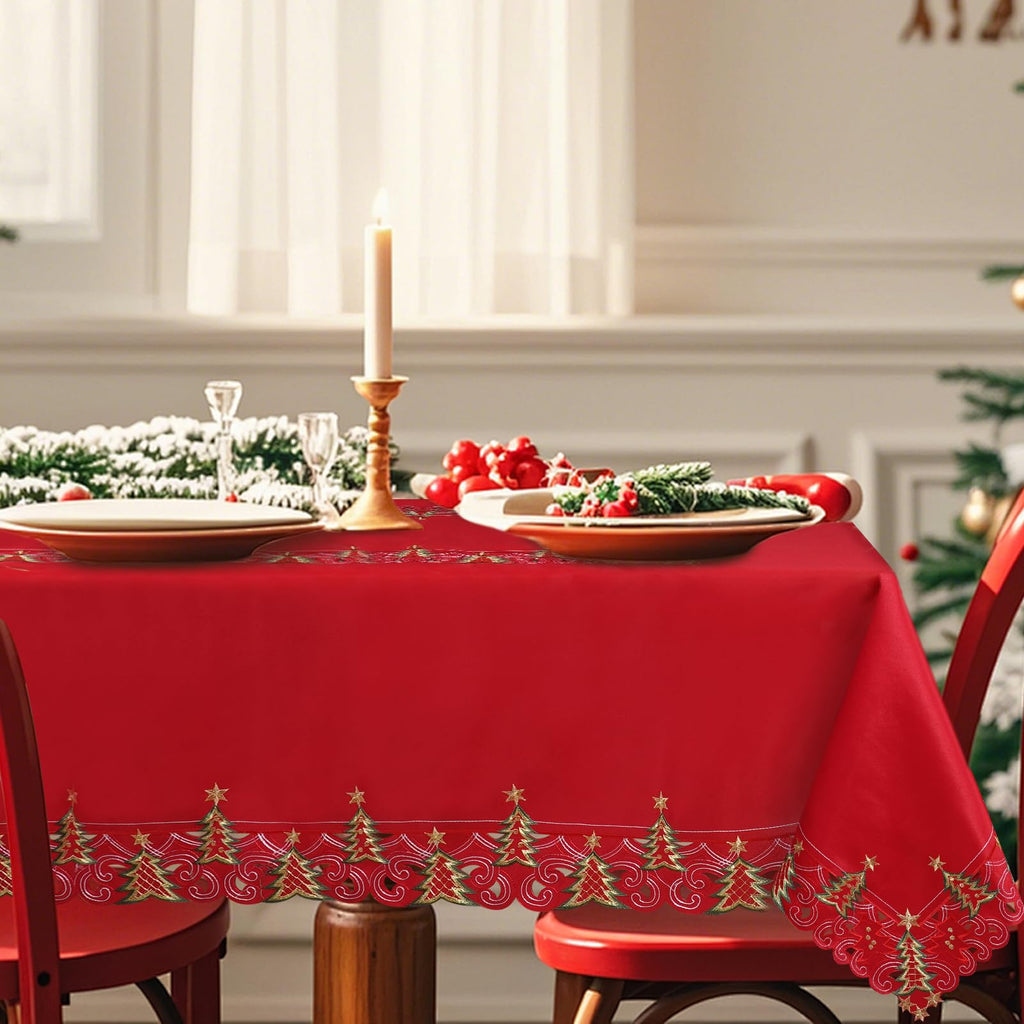 Embroidered Rectangle Christmas Tablecloth, 60 x 84 Inches, Red