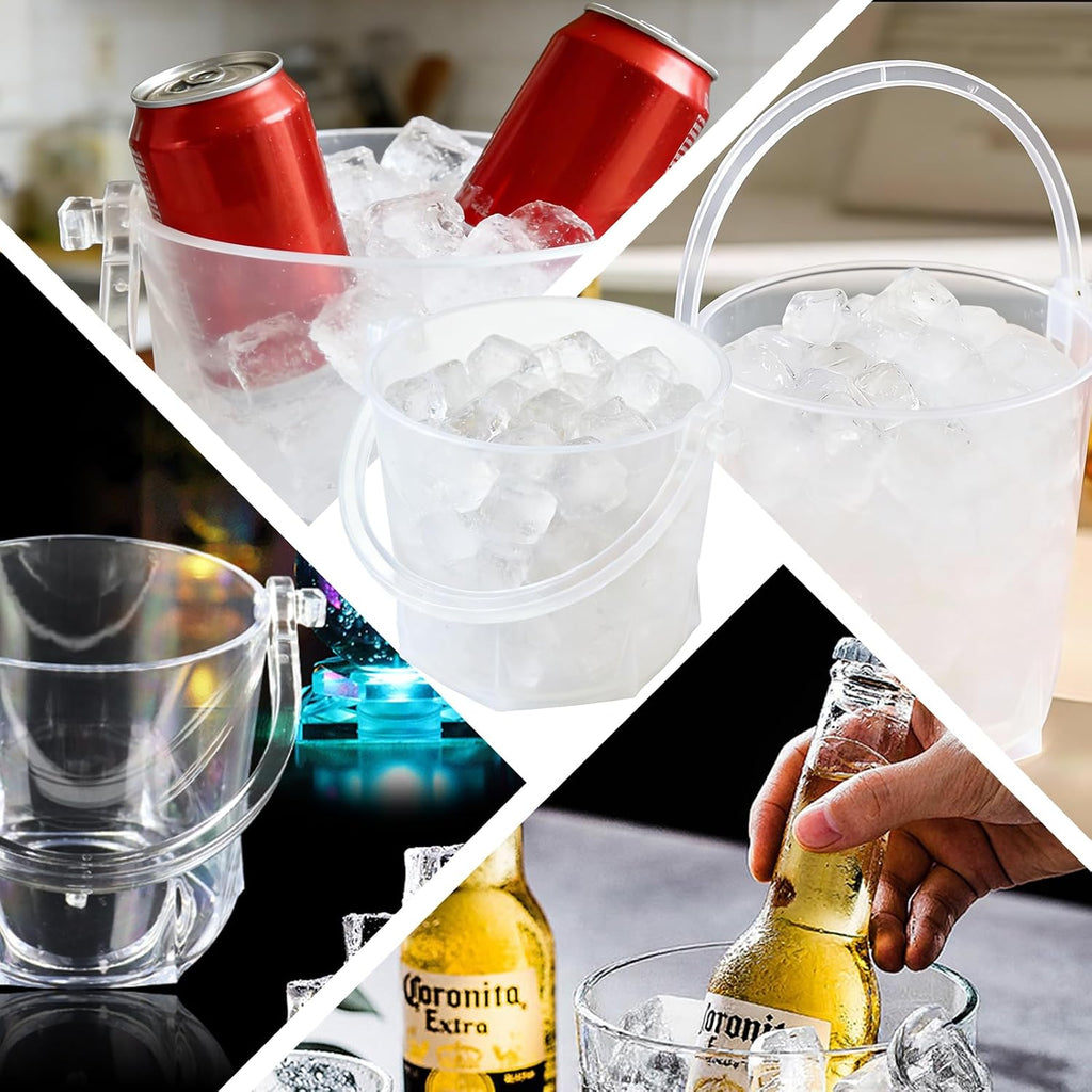 Crystal Ice Bucket with Handle & Tongs-1.1 L Plastic Clear Champagne Ice Buckets for Parties, Beer, Wine, Drinks - Set of 2