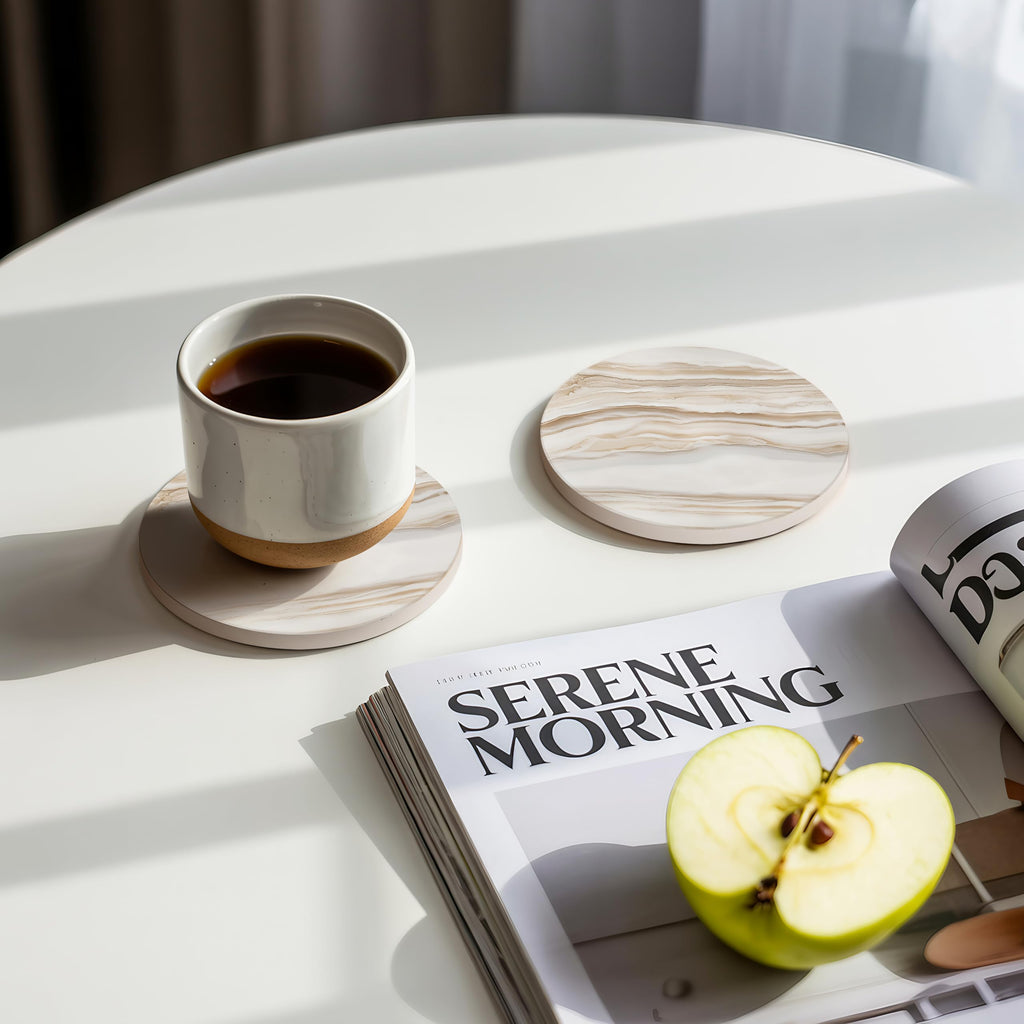 Absorbent Marble Look Ceramic Drink Coasters Set of 6 with Holder