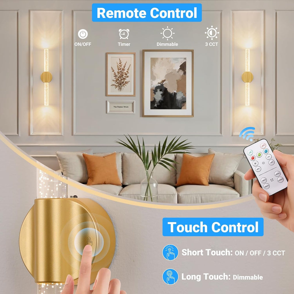 Peel and Stick on Gold Battery Operated Wall Sconces Set of 2, Rechargeable Magnetic Linear Wall Lights for Bedroom