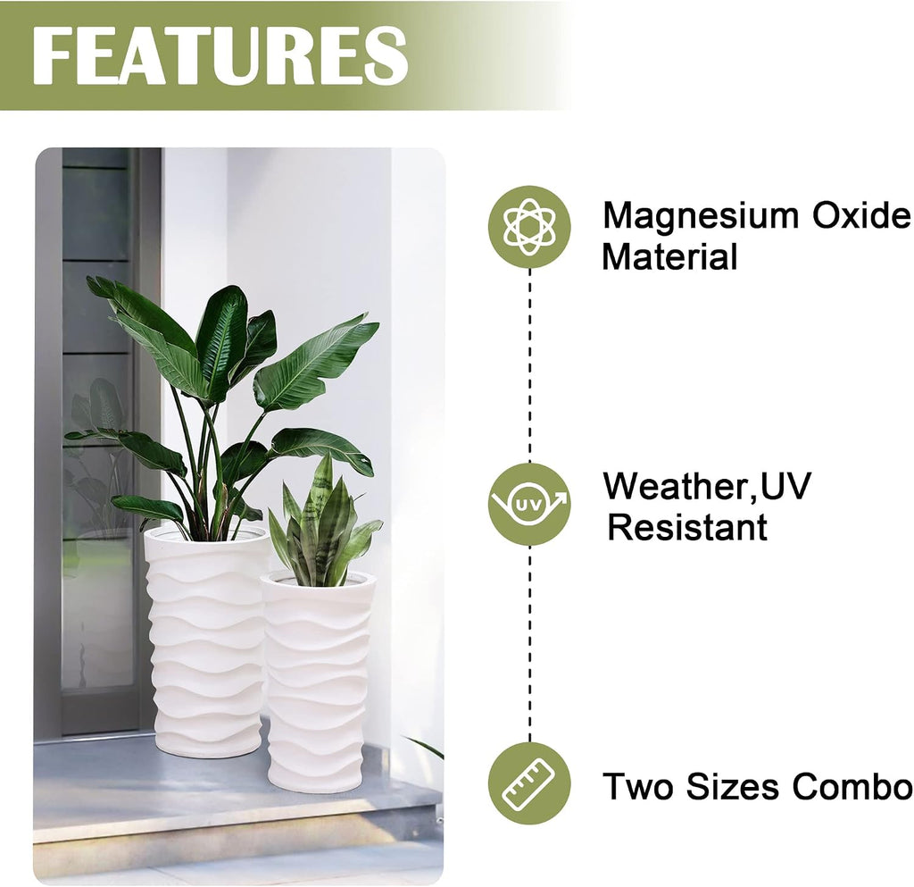 LuxenHome Tall Planters for Outdoor Plants, Set of 2 Garden White | With Drainage Hole and Rubber Plug, Modern White