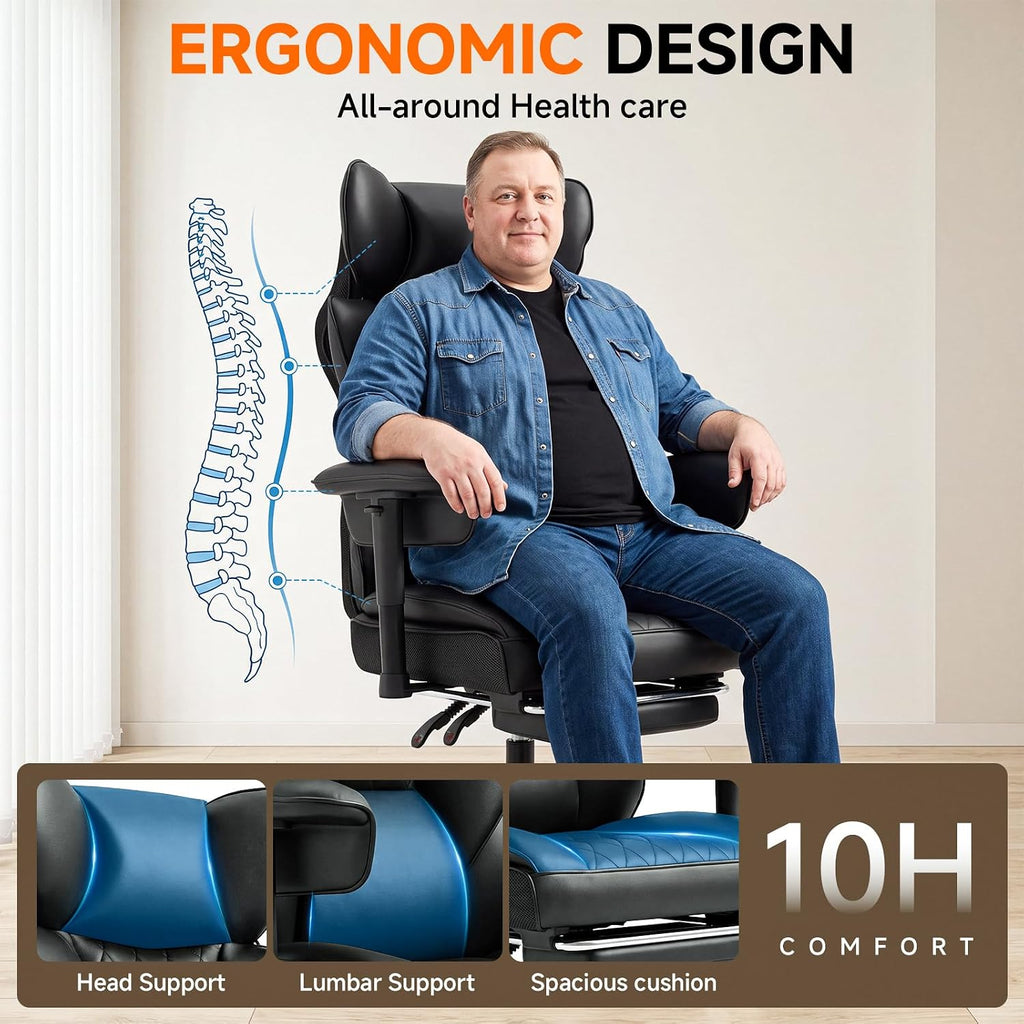 Leather Big and Tall Office Gaming Chair with Footrest Ergo Lumbar Support | 135°Reclining Adjustable Recline | Back