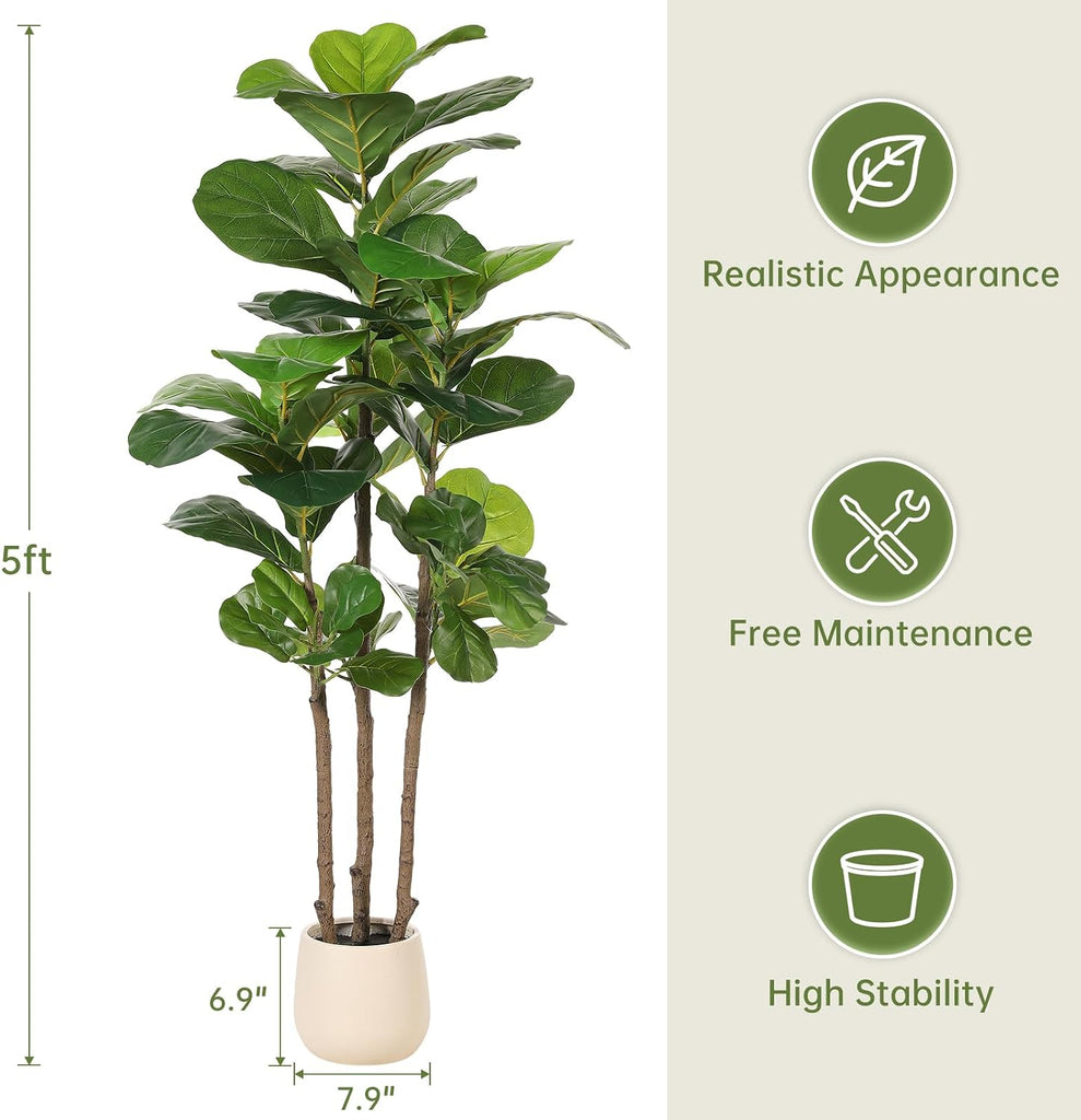 5ft Artificial Fiddle Leaf Fig Tree with White Planter