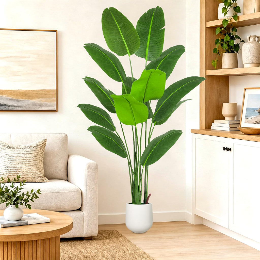 Bird of Paradise Artificial Plant with White Planter, 6FT Tall Large Fake Green Plants with 13 Trunks, Faux Plant