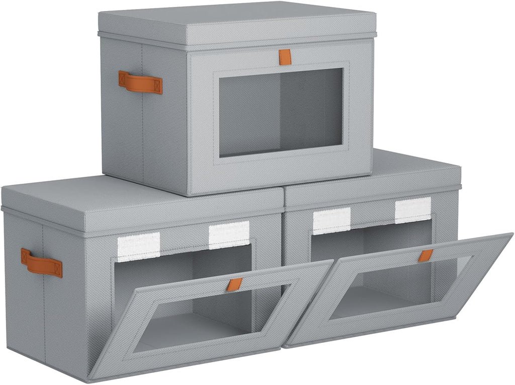 Storage Bins with Lids - Front Opening Storage Box with Clear Window & Handles, Stackable Foldable Fabric Bins for