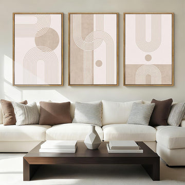 Extra Large Neutral Boho Abstract Canvas Wall Art Set of 3 Framed Mid Century Modern Wall Decor Beige Geometric Line