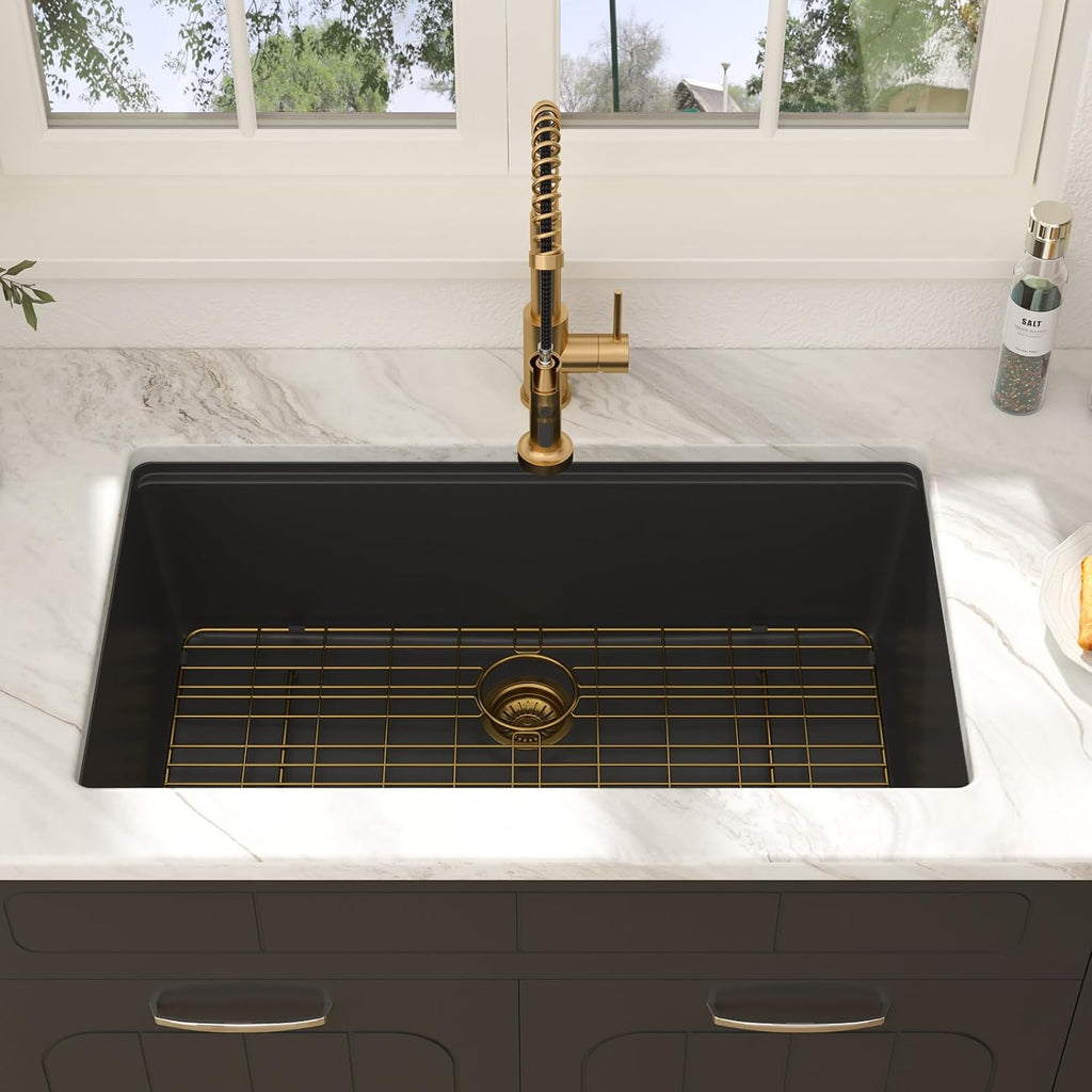 33 Inch Undermount Kitchen Sink Black Granite Composite Workstation | 33 x 19 Undermount Matte Black Kitchen Sink