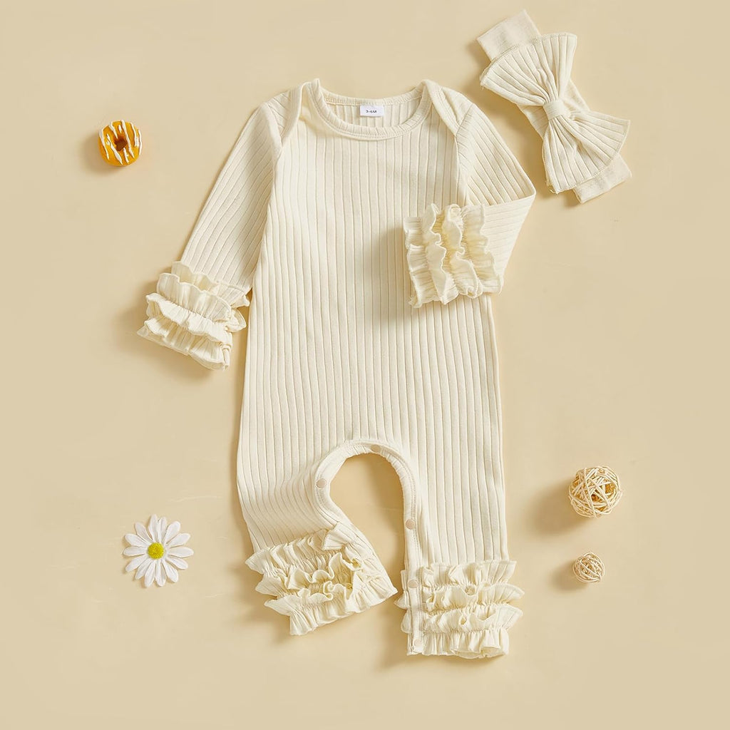 Newborn Girl Outfits Infant Baby Clothes Set Ribbed Knit Romper Headband Ruffle Long Sleeve Solid Bodysuit Jumpsuit