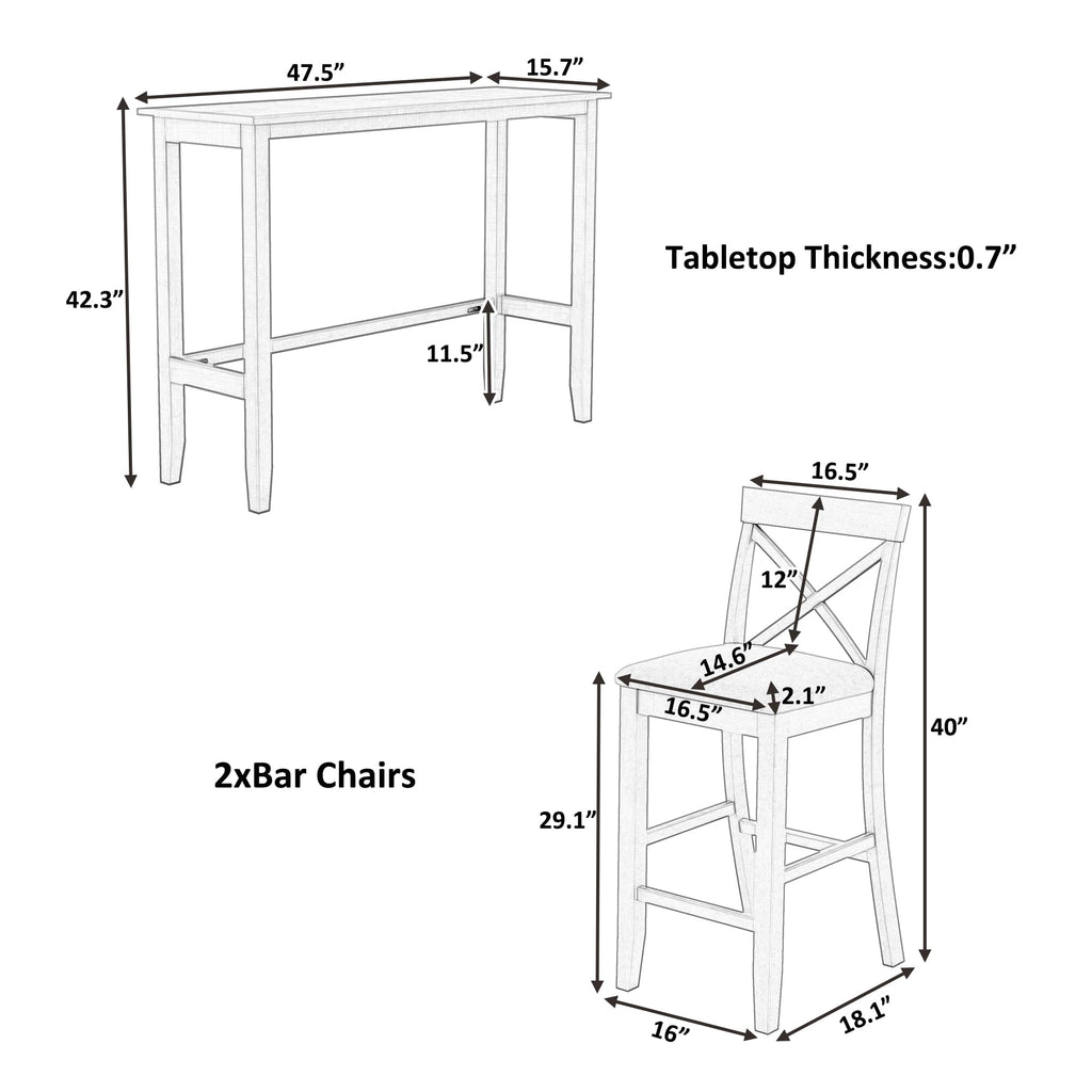 3 Piece Pub Table and Chair Set, Small Wood Counter Height Bar Table Set for 2, Breakfast Nook Table Set, 3 Piece