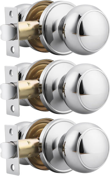 Polished Chrome Door Knobs Interior, Closet Door Knobsets, Keyless Door Handles, 3 Pack