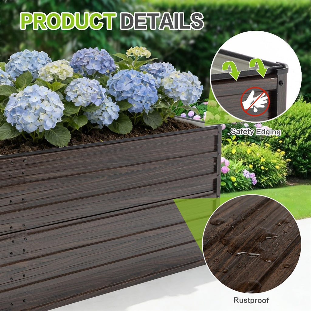 8x4x2 FT Galvanized Metal Raised Garden Bed Kit with Woodgrain Finish, Large Open-Bottom Outdoor Planter Box for