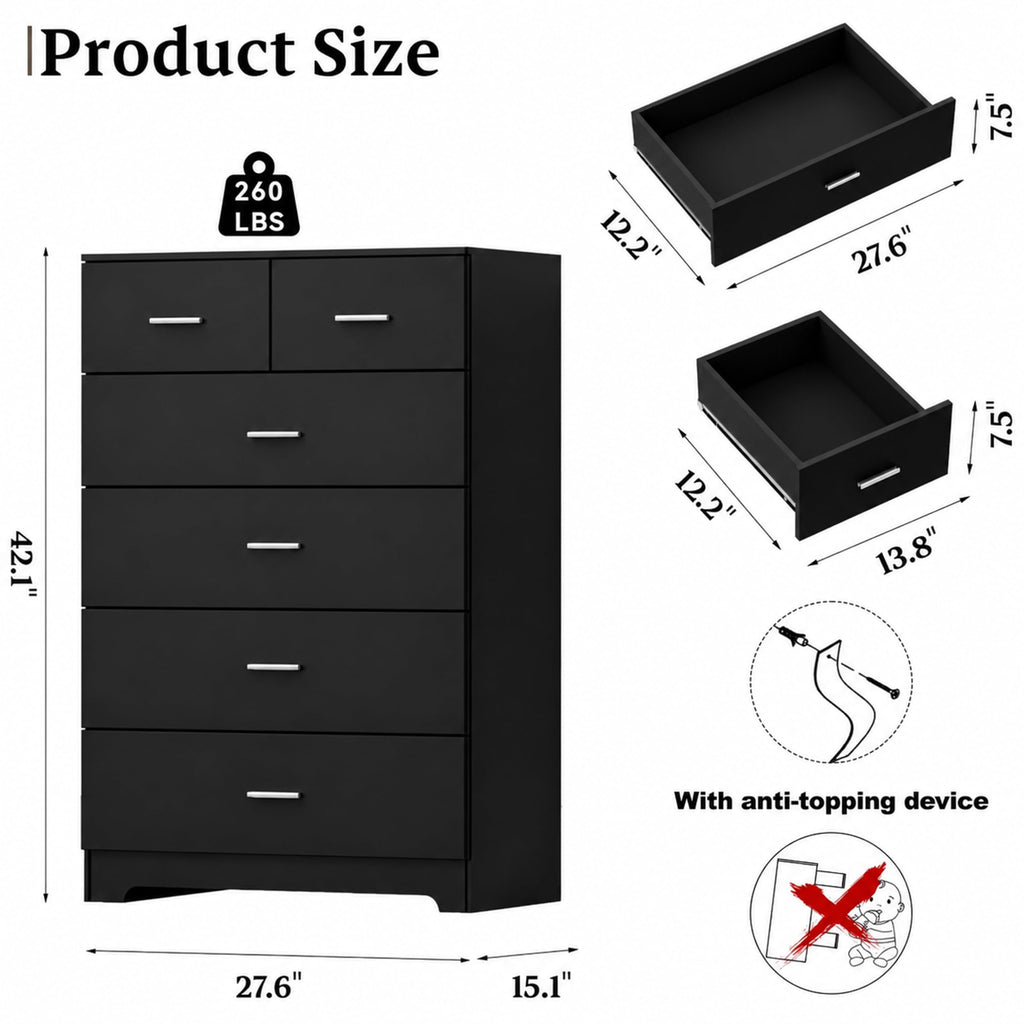 Tall Dresser Wooden 6 Drawer Dresser with Power Outlet Chest of Drawers with Large Organizer and Smooth Metal Rail