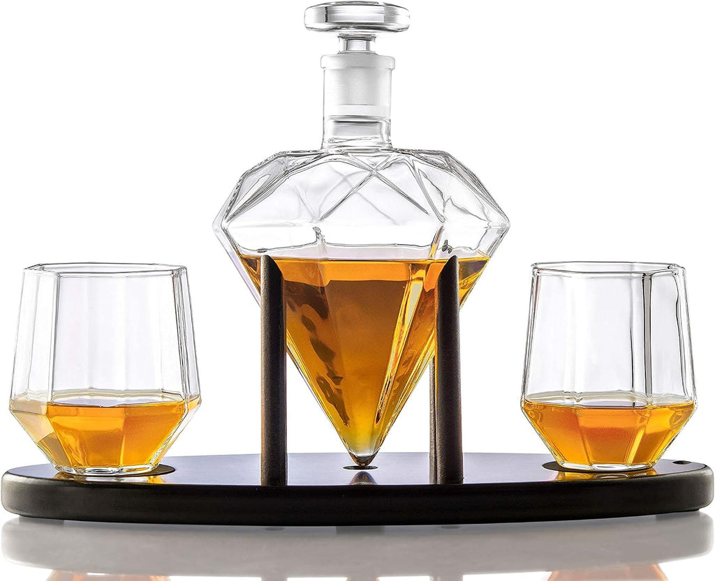 Whiskey Decanter Diamond shaped With 2 Diamond Glasses & Mahogany Wooden Holder - Elegant Handcrafted Crafted Glass - Set of 3