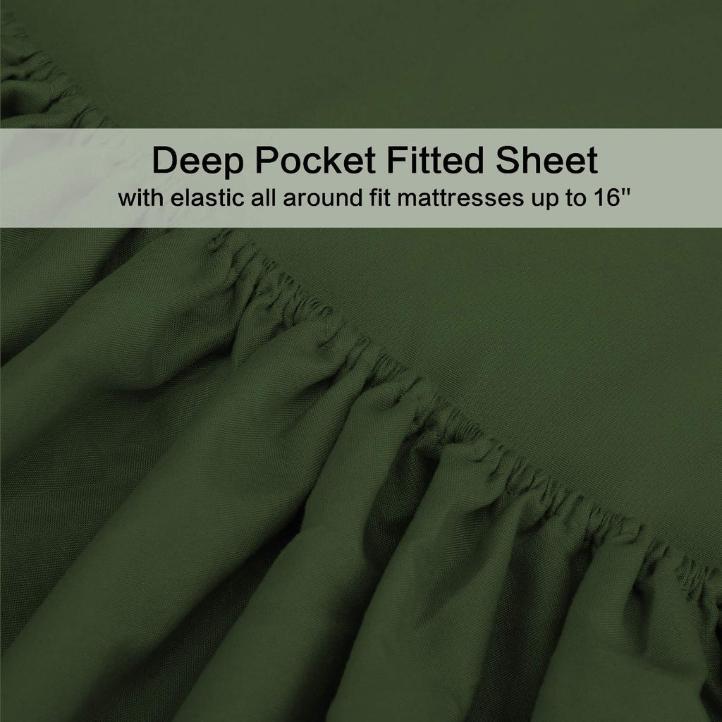 4 Piece Bed Sheet Set (Queen Size Olive Green) 1 Flat Sheet, 1 Fitted Sheet and 2 Pillow Cases, 100% Brushed Microfiber