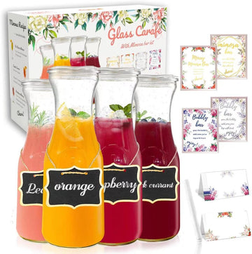 Set Of 4 Glass Carafes & Pitchers For Mimosa Bar Supplies, 1 Liter Beverage Glass Carafe With Lids For