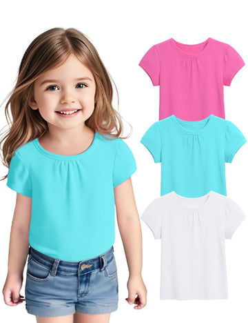 3 Pack Toddler Girls Short Sleeve T-Shirts Pleated Crewneck Shirts Cotton Tee Tops Green+White+Peach Pink