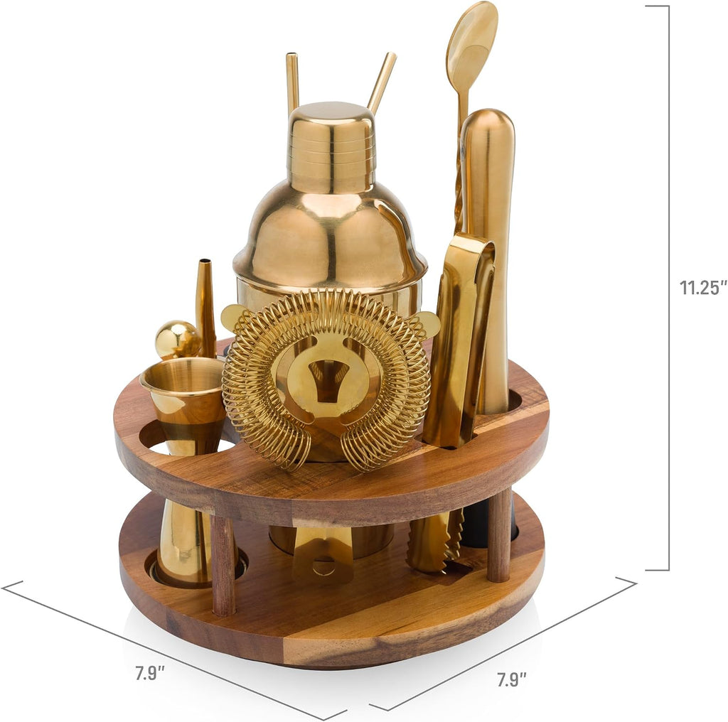 Carousel 13-Piece Bar Tool Set, Travel Bartender Kit and Cocktail Set, Mixology Bartender Kit with Lazy Susan Stand - Set of 13