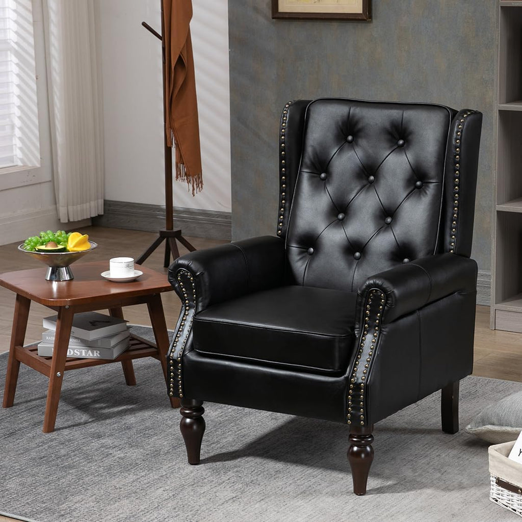 Mid-Century Wingback Chair, PU Leather Accent Chair Armchair with Buttons,Modern Living Room Chairs with Rivet