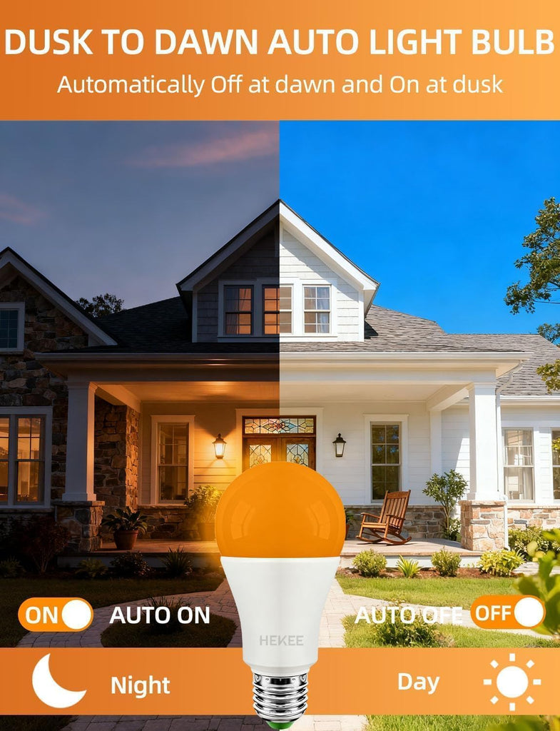 Dusk to Dawn Light Bulbs A19 8W 900 Lumens, Outdoor Porch Lights, 60 Watt Equivalent, Amber LED Orange-Yellow Sensor