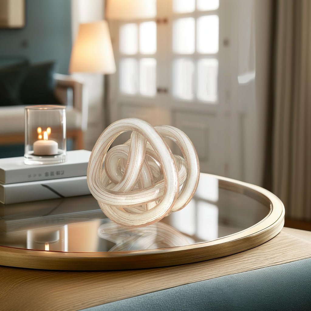 Orbit Hand Blown Glass Infinity Knot Sculpture - 4.5 Inch Glass Art White & Gold Knot Decor Ball Decor, Small