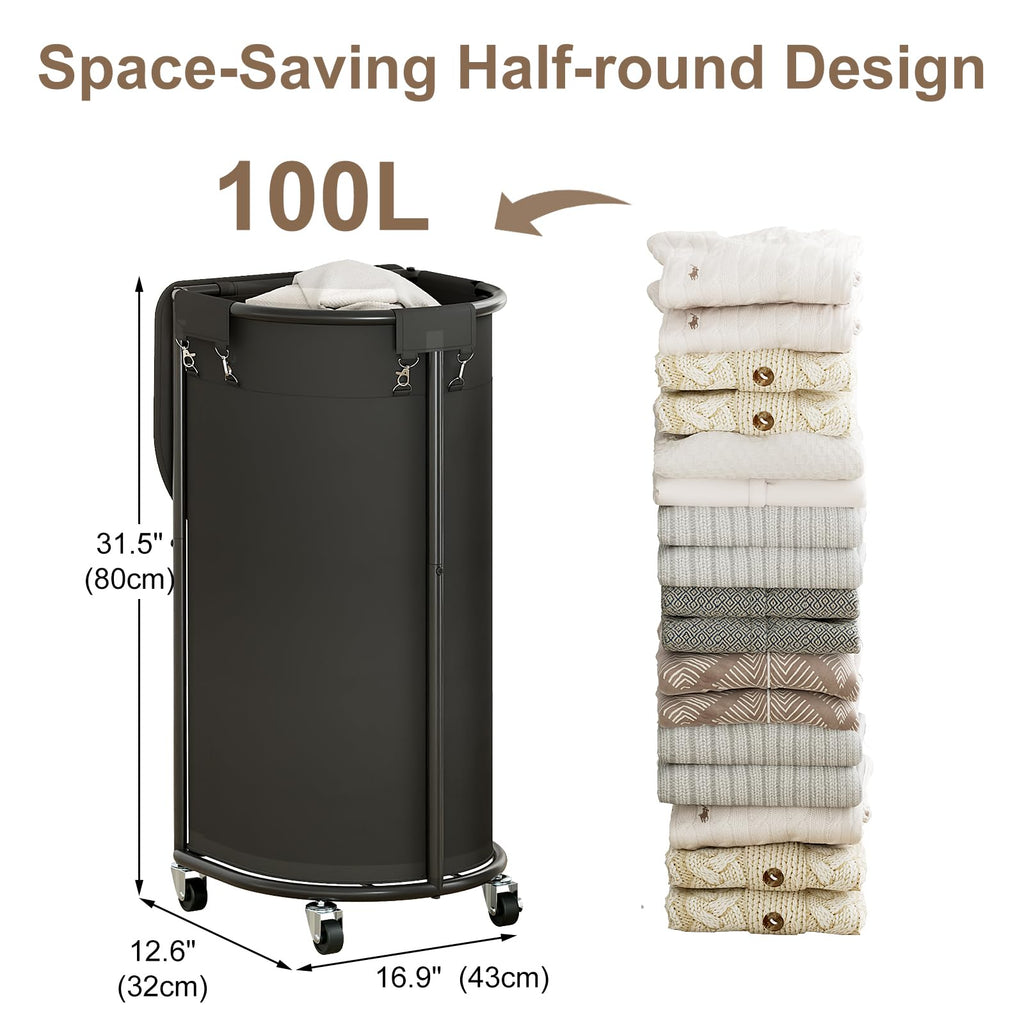 Hamper with Wheels and Lid, 100L Half Round Rolling Laundry Basket