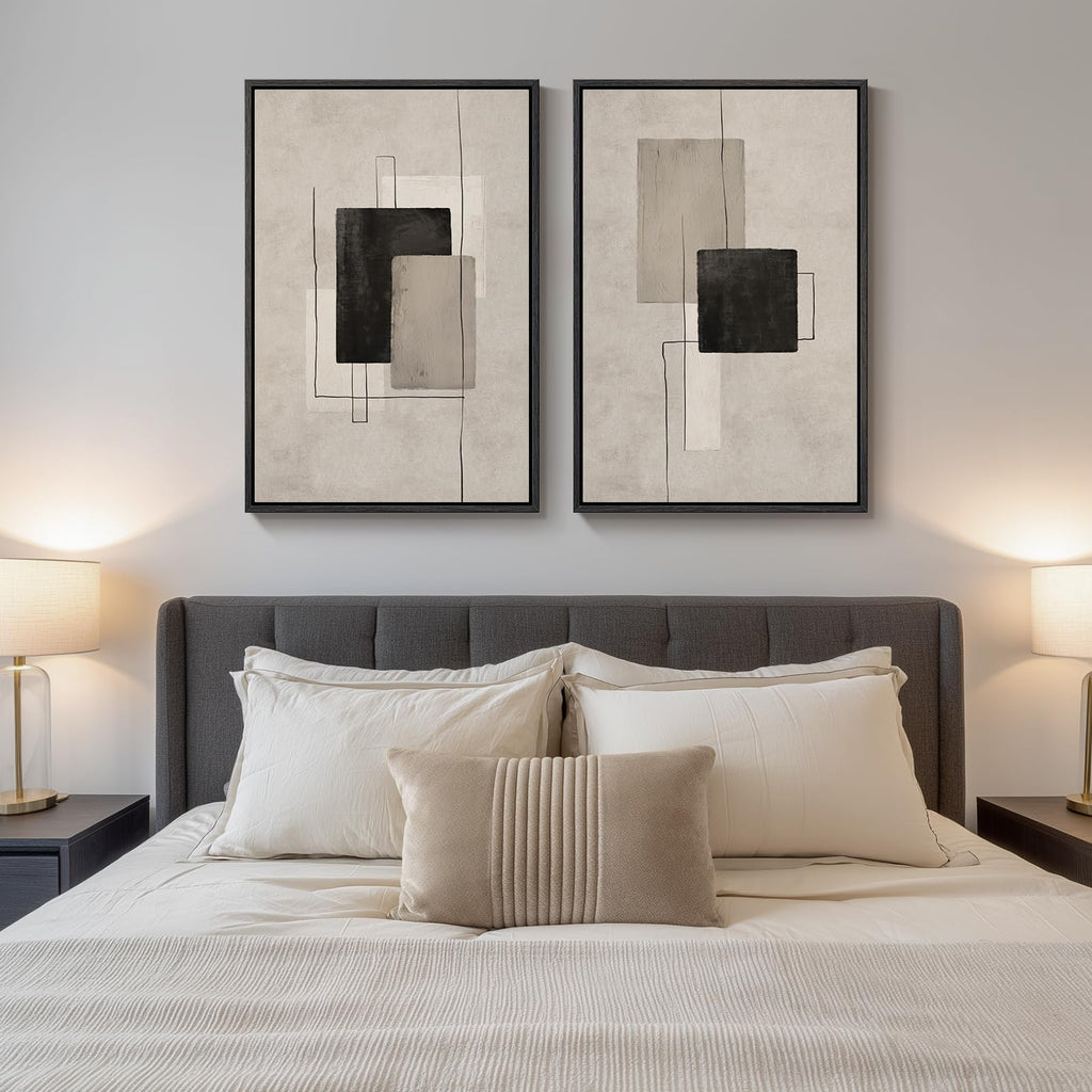 Large Framed Neutral Abstract Wall Art Set of 2, 24x36 In
